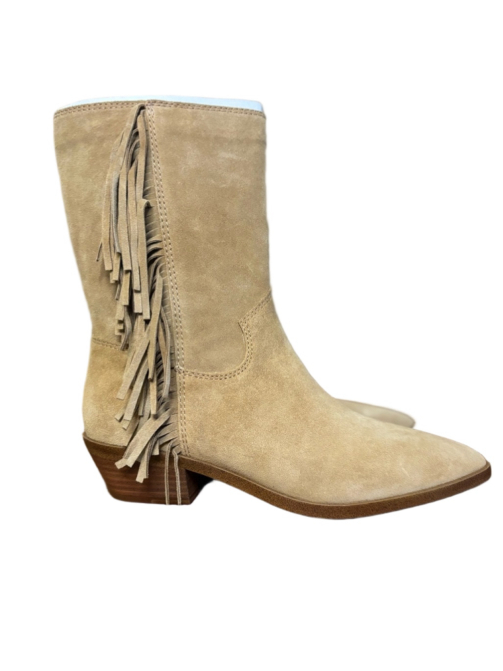 Rebecca Minkoff Krissa Suede Fringe Low Heel Boots Womens Size 7 Tan NIB